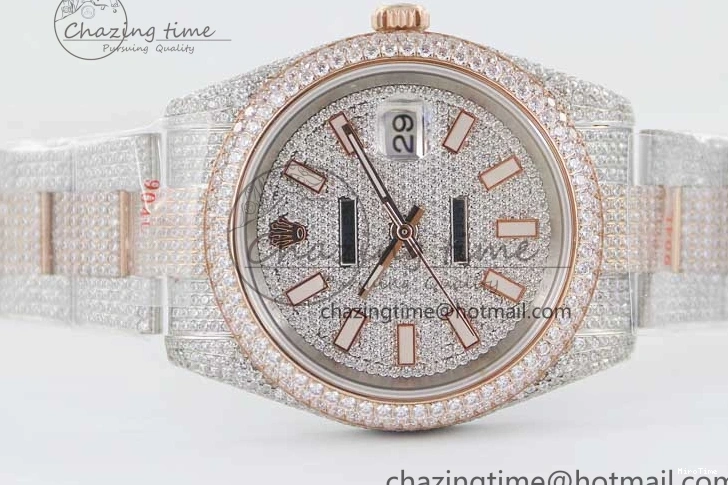 MiroTime 0601 Datejust 41 SS RG Full Diamonds TWF 1:1 Best Edition Diamonds Stick Markers Dial on Bracelet A Refined 2400